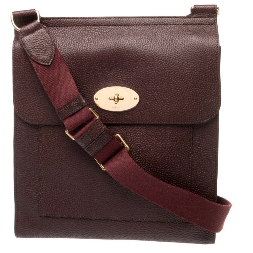 Mulberry Burgundy Leather Crossbody Bag with Maroon Strap and Gold Hardware